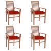 Dining Chairs 4 pcs with Red Cushions Solid Teak Wood