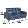 High-Leg Console Loveseat - Top-Grain Leather, Dual-Power, Ocean Blue Color - Stowaway Footrest, Flaired Chrome Leg, Motion Furniture Look