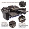 Home Theater Seating Manual Recliner Chair with Center Console and LED Light Strip for Living Room, Brown