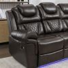 Home Theater Seating Manual Recliner Chair with Center Console and LED Light Strip for Living Room, Brown